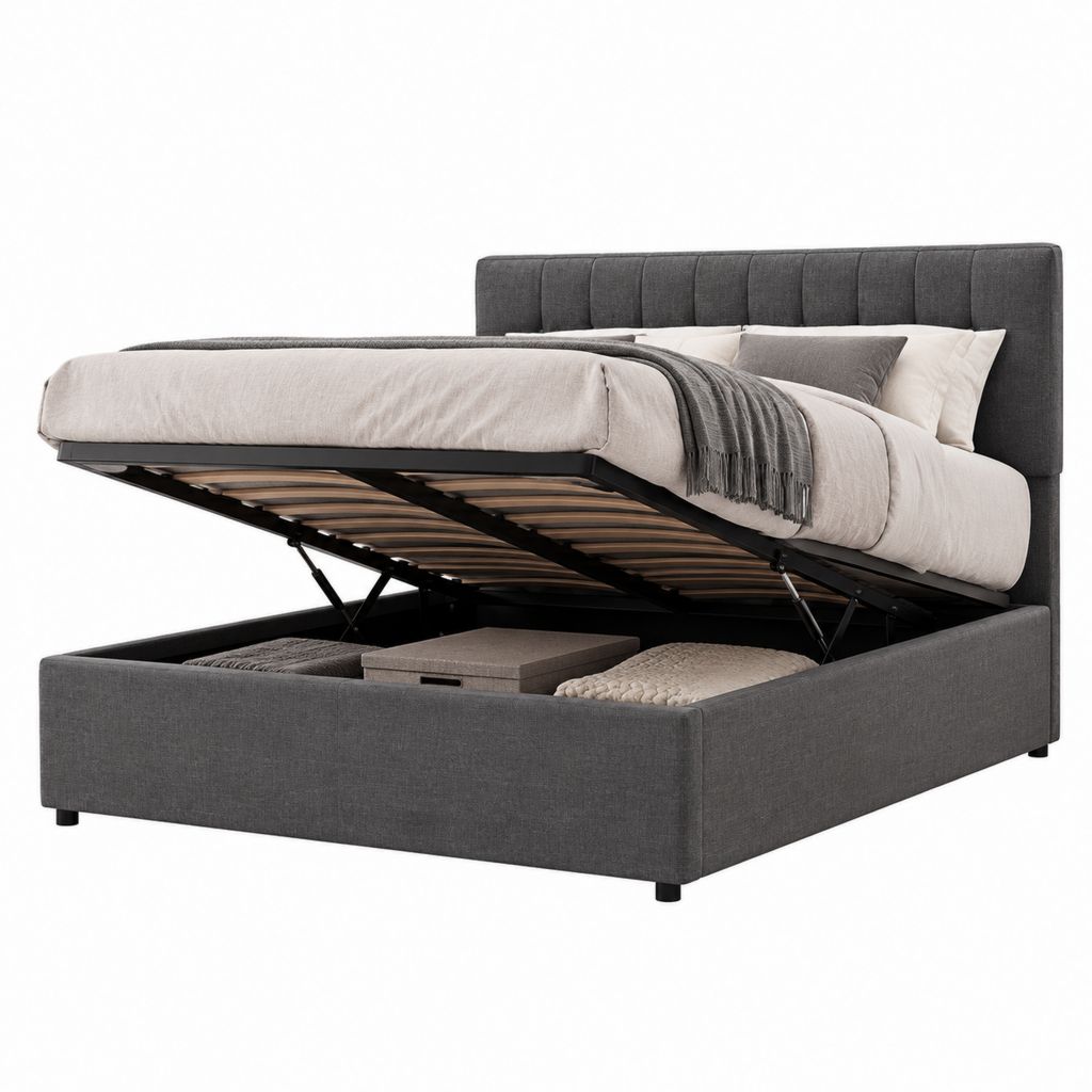 Lit coffre 160 x 200 cm gris foncé en polyester avec sommier relevable
