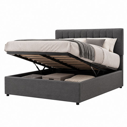 Lit coffre 160 x 200 cm gris foncé en polyester avec sommier relevable