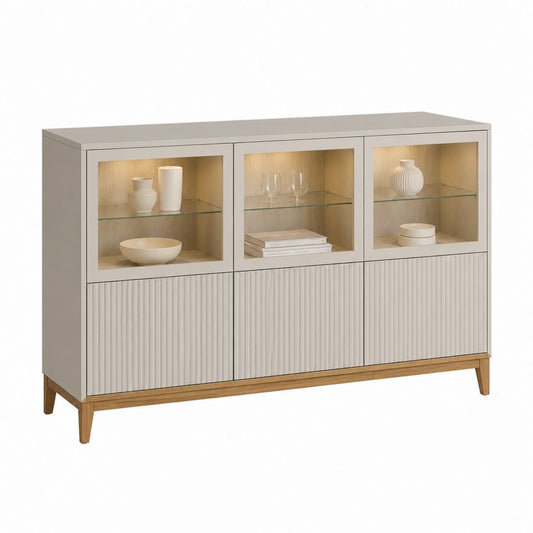 Buffet 3 portes beige en MDF et verre trempé 150 x 40 x 100 cm