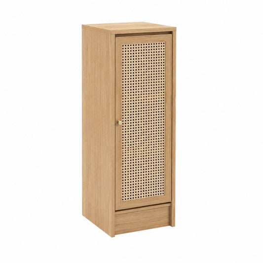 Buffet haut 1 porte en chêne naturel et cannage en rotin 50 x 40 x 120 cm