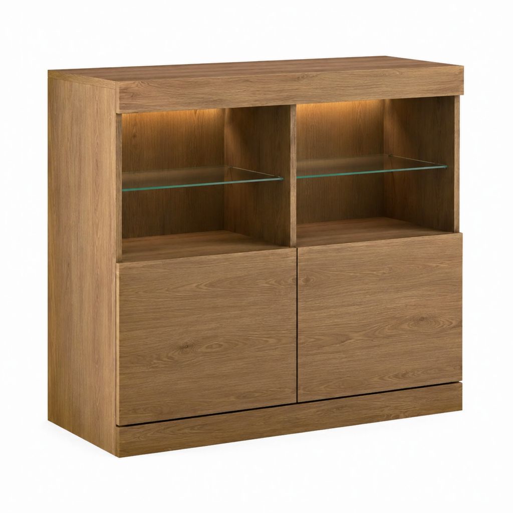 Buffet haut 2 portes chêne avec étagères en verre et éclairage LED 120 x 120 x 45 cm