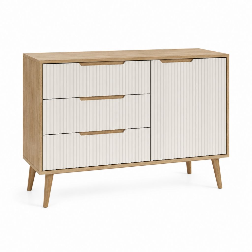 Buffet 3 tiroirs 2 portes blanc et chêne en panneaux de particules 120 x 40 x 80 cm