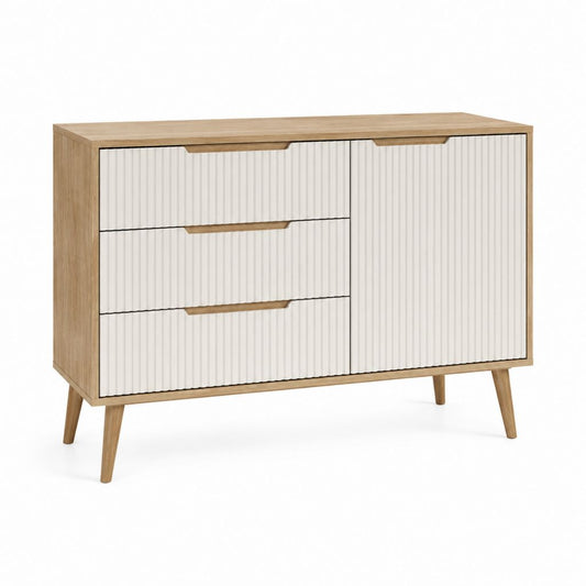 Buffet 3 tiroirs 2 portes blanc et chêne en panneaux de particules 120 x 40 x 80 cm