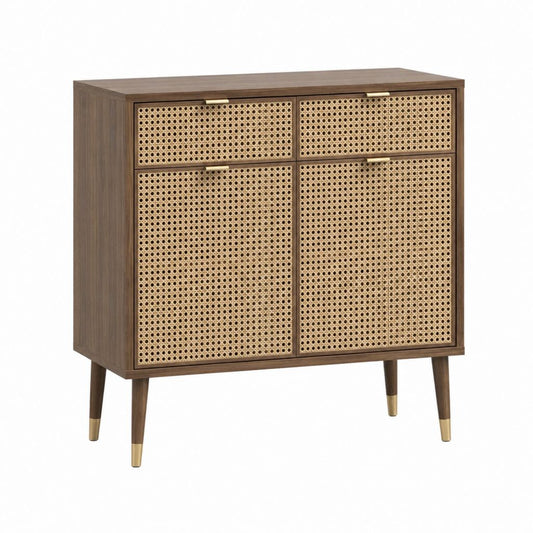 Buffet de rangement rectangulaire marron noyer et rotin 90 x 40 x 105 cm