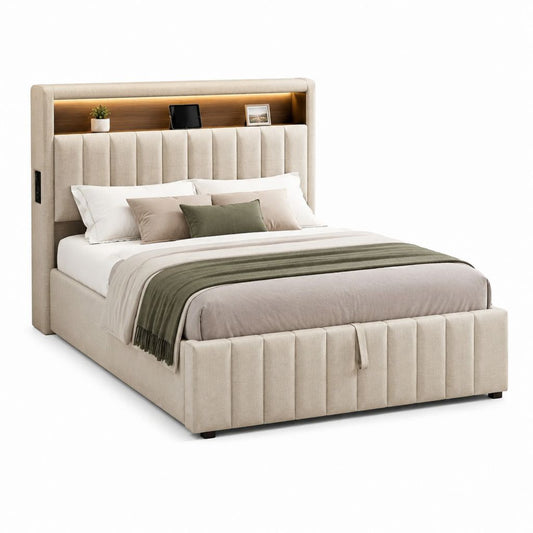 Lit coffre 160 x 200 cm beige en polyester avec tête de lit rangement et éclairage LED