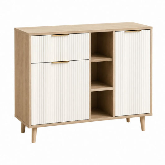 Buffet de rangement 3 portes avec étagères chêne clair et blanc en panneaux de particules 120 x 40 x 90 cm