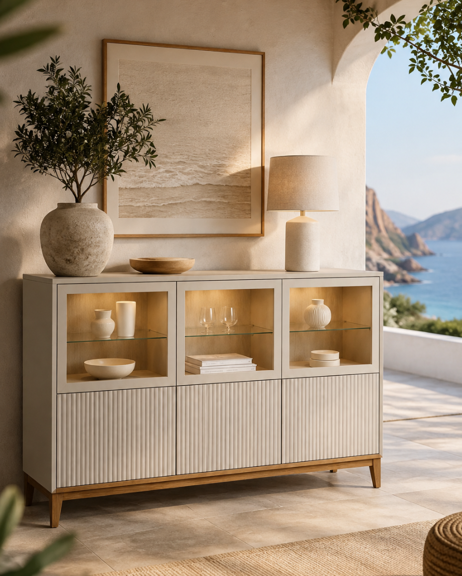 Enfilade design beige avec vitres et finition cannelée