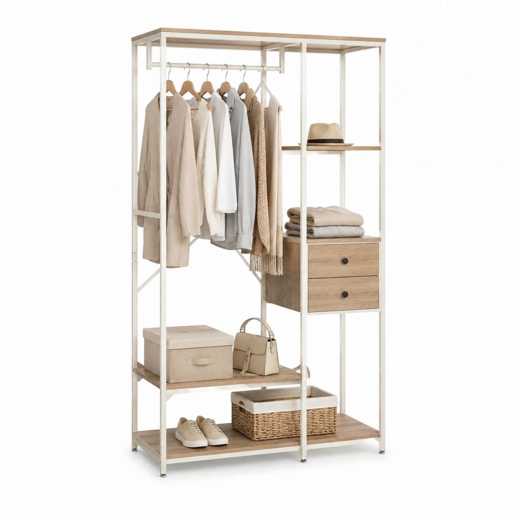 Penderie ouverte avec rangement chaussures beige et blanc en acier et panneau de particules 120 x 40 x 180 cm