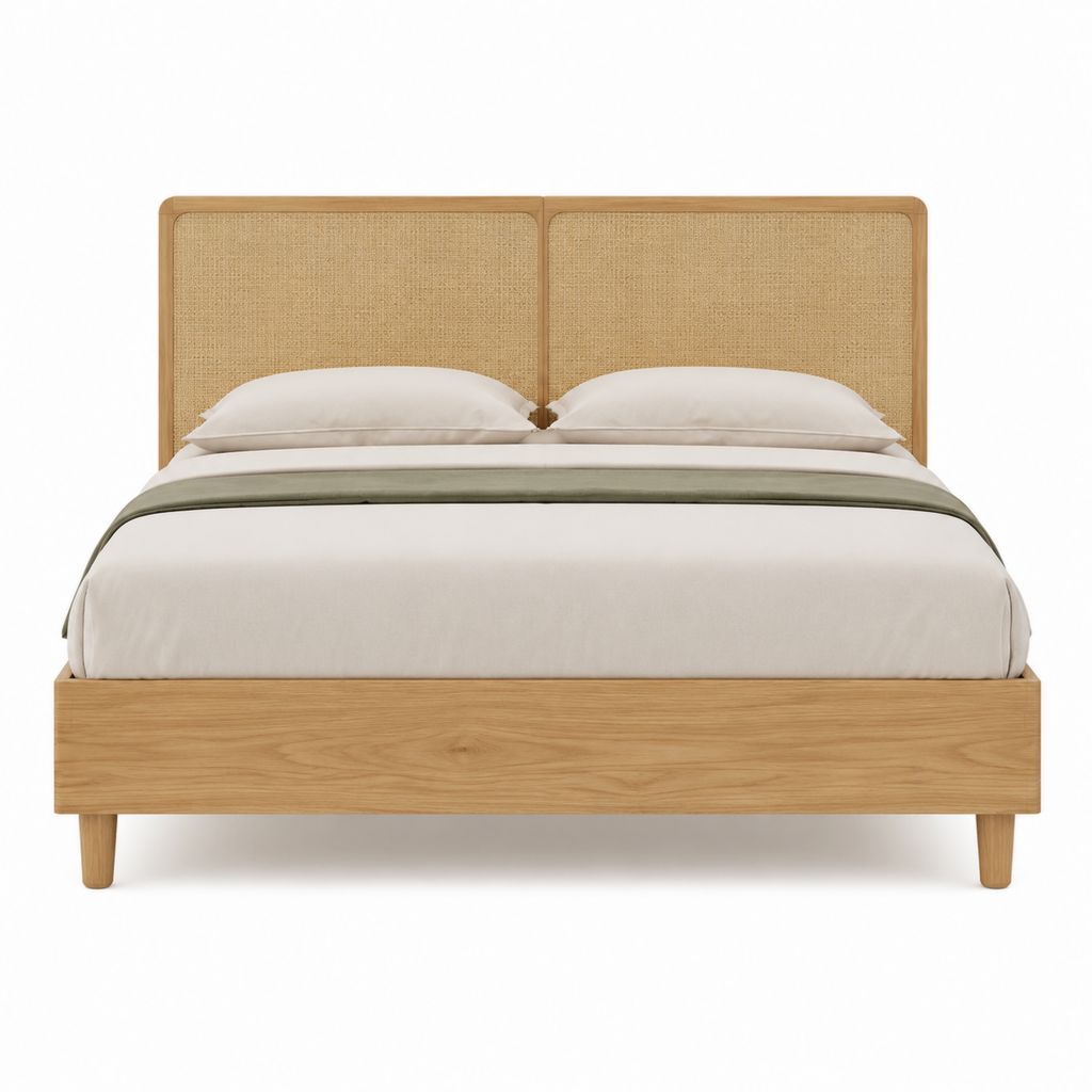 Lit coffre 160 x 200 cm chêne naturel en MDF plaqué chêne et rotin tressé rectangulaire
