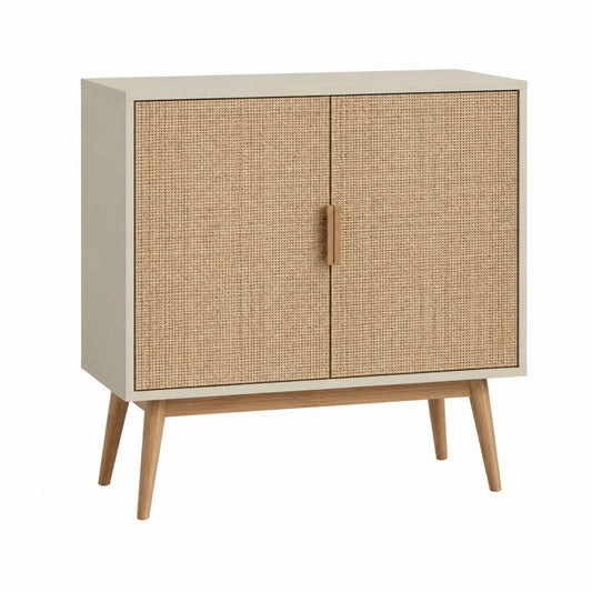 Buffet 2 portes rectangulaire beige et naturel en MDF et rotin 80 x 40 x 100 cm