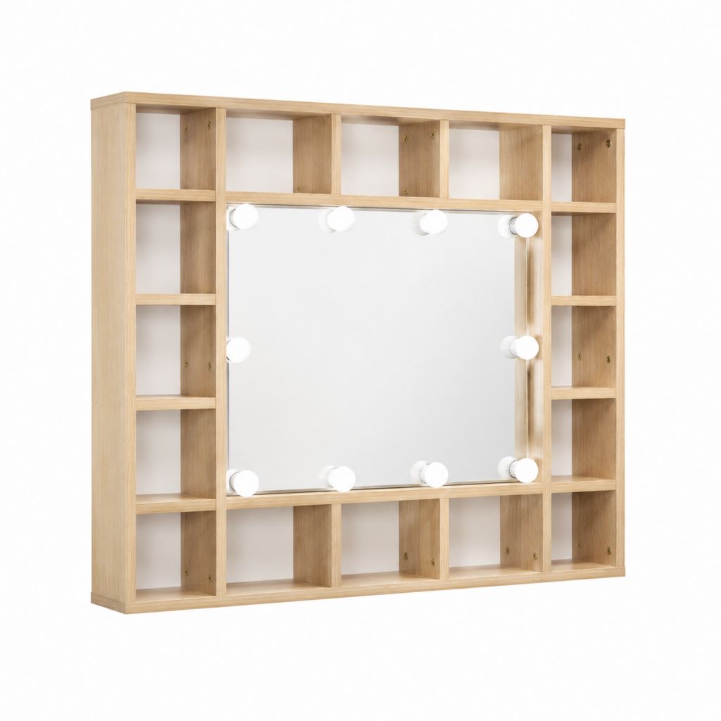 Miroir de salle de bain lumineux mural chêne clair en MDF avec rangements 80 x 80 x 12 cm