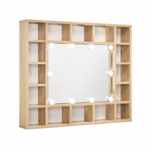 Miroir de salle de bain lumineux mural chêne clair en MDF avec rangements 80 x 80 x 12 cm