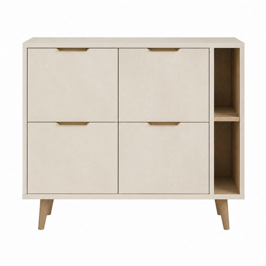 Buffet de salle à manger beige en panneaux MDF plaqués chêne 120 x 40 x 100 cm avec 4 portes et 2 niches ouvertes