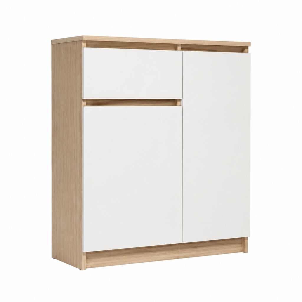 Buffet de rangement blanc et chêne clair en panneaux de particules 80 x 40 x 120 cm