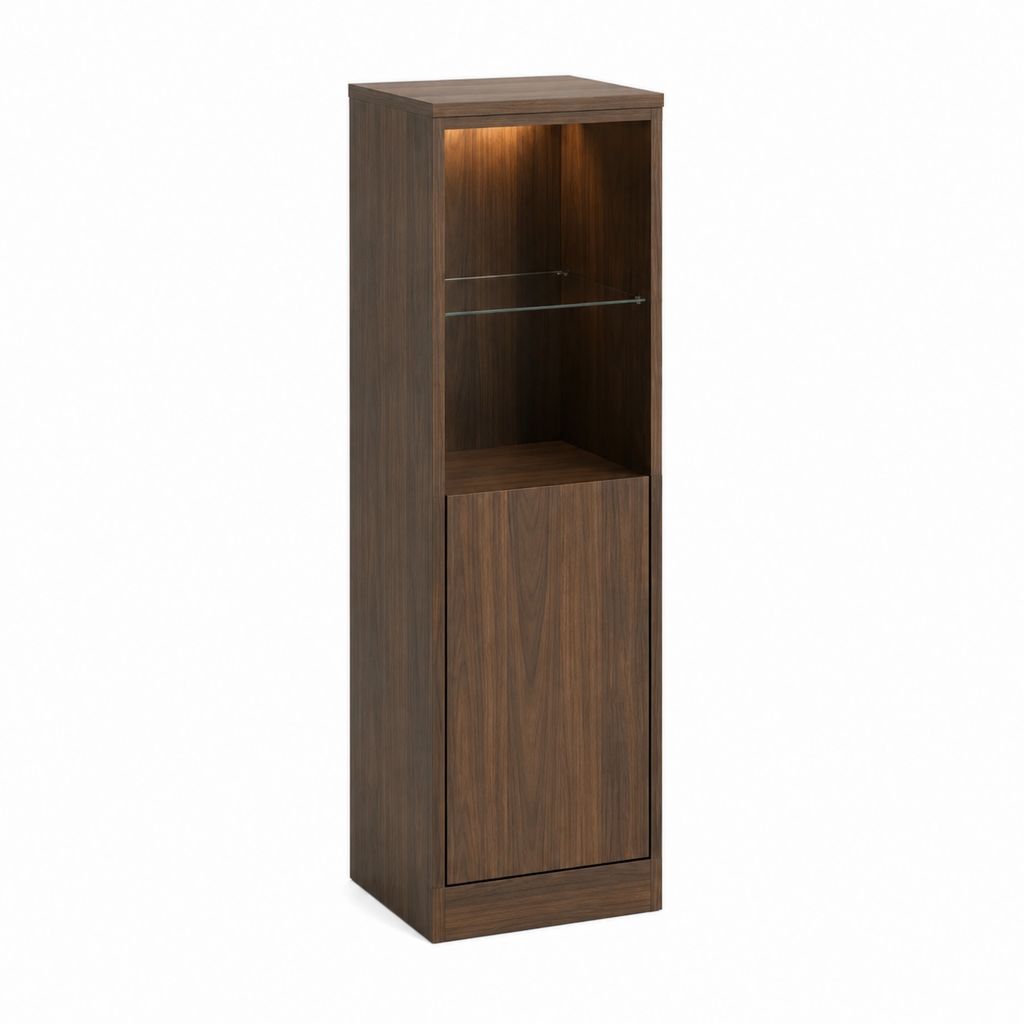 Buffet haut vitrine rectangulaire marron noyer en panneaux de particules 60 x 40 x 180 cm avec éclairage LED