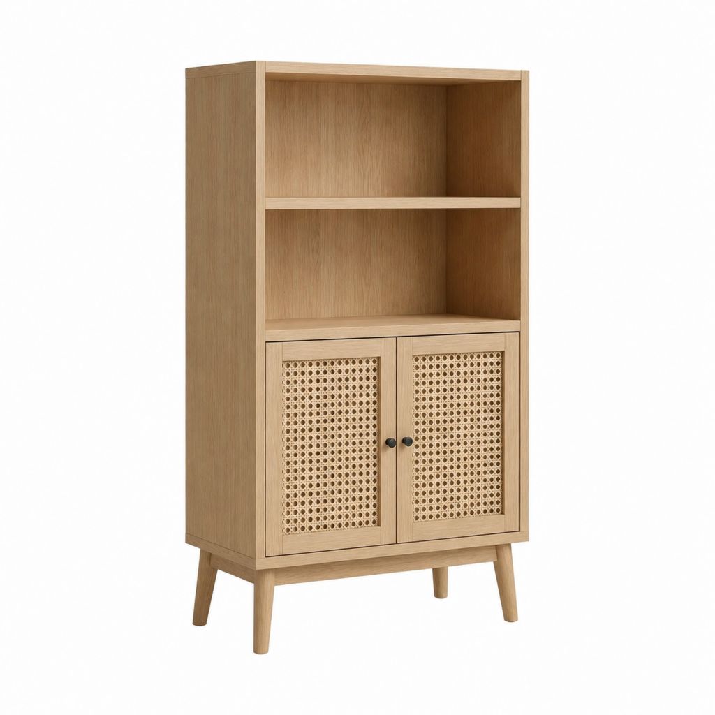 Buffet haut de rangement chêne clair en MDF et cannage de rotin 80 x 40 x 160 cm